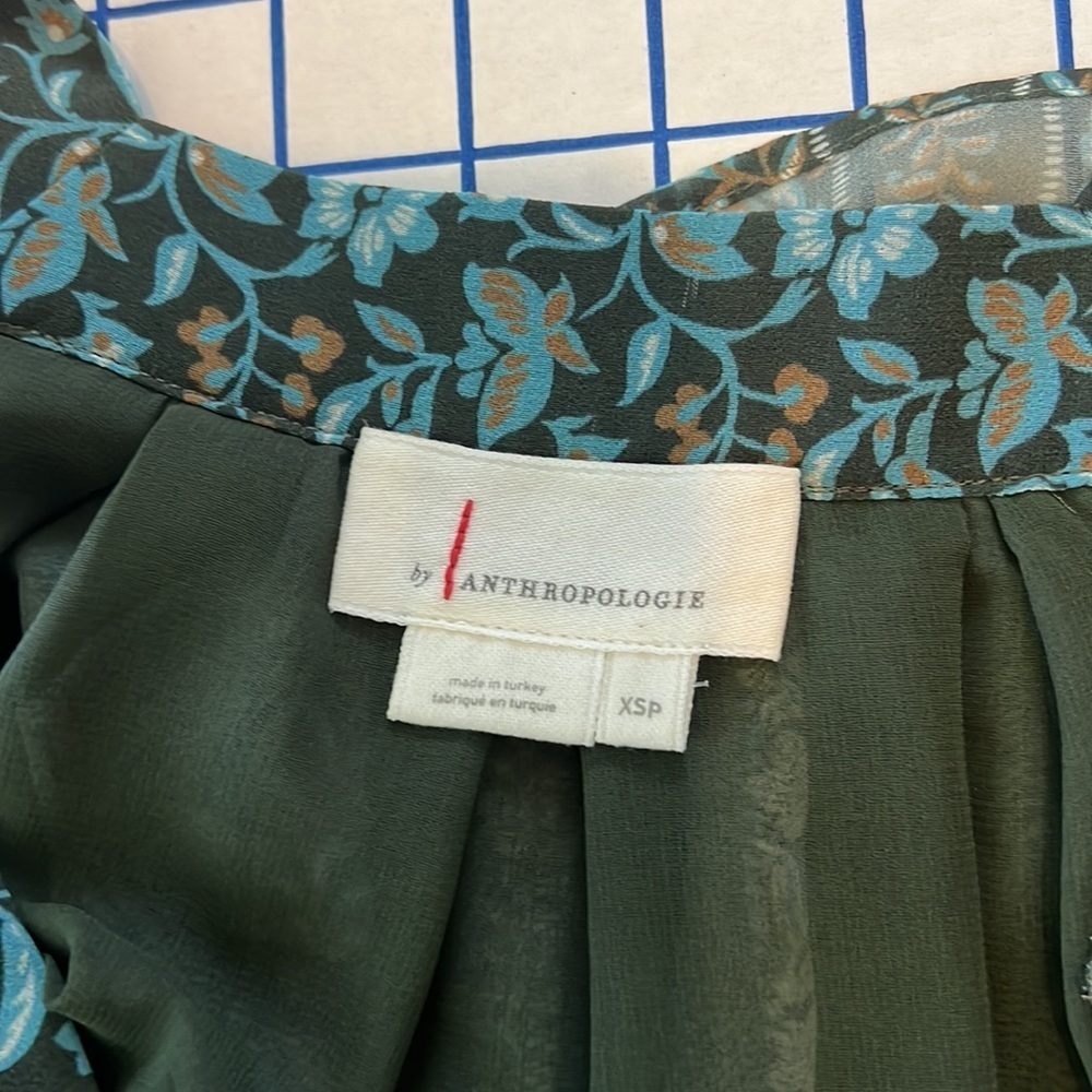 ANTHROPOLOGY SONIA TUNIC DRESS SZ XSP GREEN BLUE SHEER SLEEVES BOHO PEASANT - Picture 5 of 11
